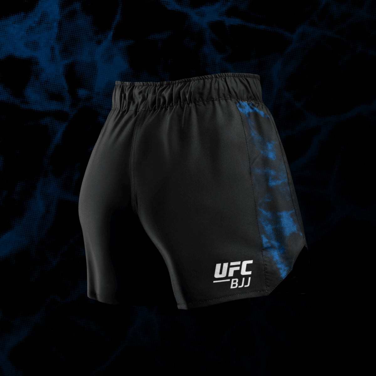 Vue arrière du short UFC BJJ femme noir/bleu, coupe optimisée pour le No-Gi et le Jiu-Jitsu