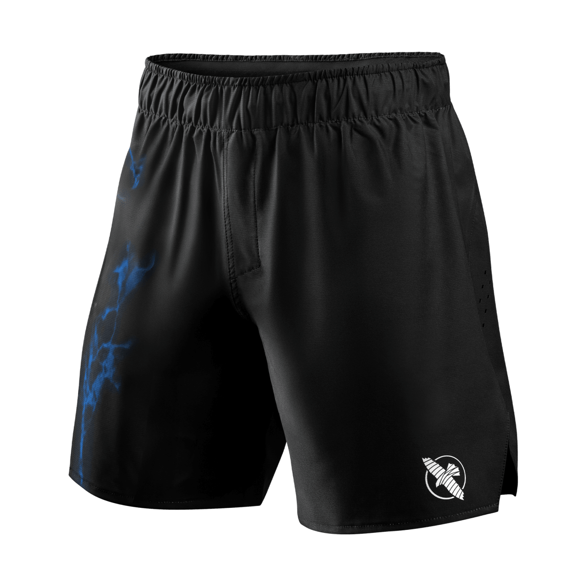 Vue de face du short de grappling officiel UFC BJJ en noir avec détails bleus et fermeture à cordon