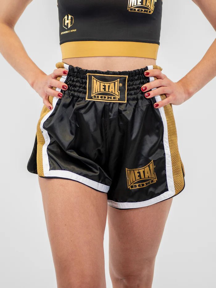 Framifrån Kickboxingsshorts för kvinnor Metal Boxe Extrem svart guld genväg