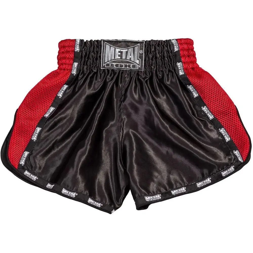 Framifrån dam Kickboxingsshorts Metal Boxe Extrem svart röd slim fit