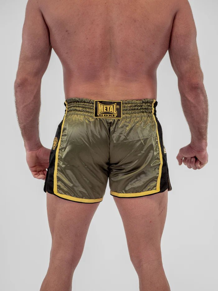 Achteraanzicht Muay Thai herenshort Metal Boxing Extrem militair groen hoge weerstand