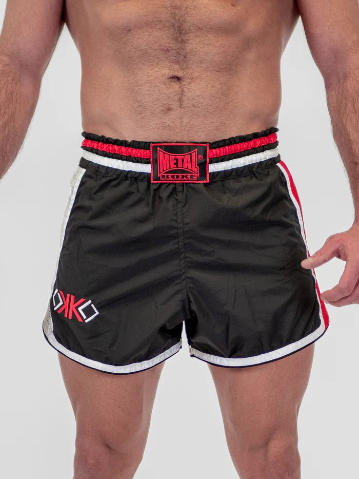 Main Front View OKO Metal Boxing Kickboxing Shorts Black White Red