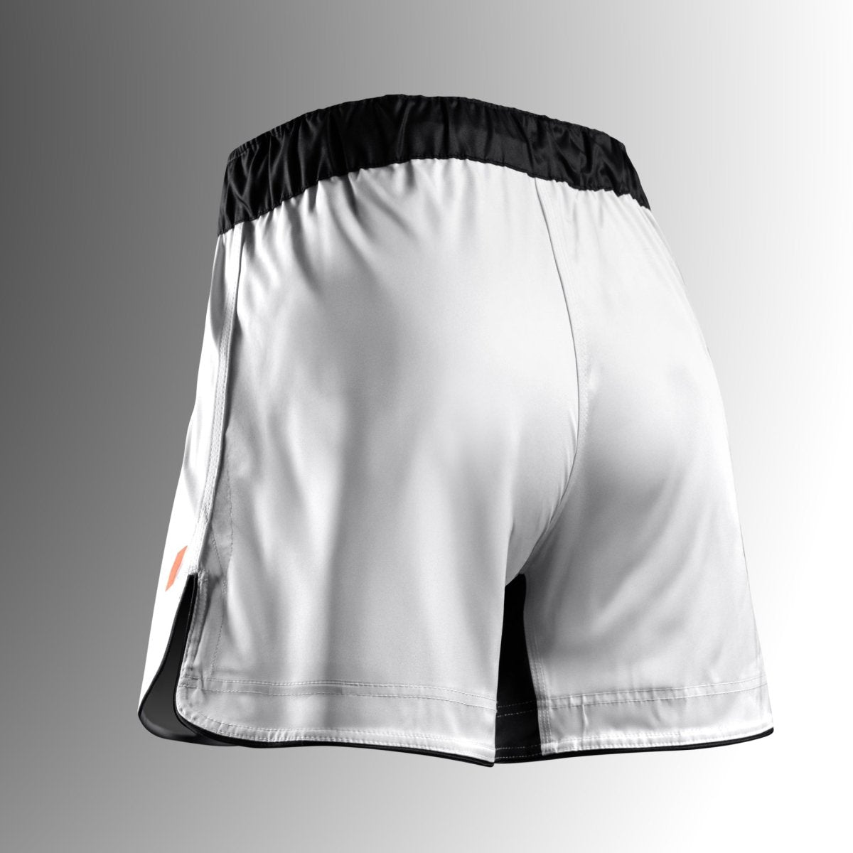 Bakifrån av de vita Hayabusa Apex MMA-shortsen, integrerat laserskuret ventilationssystem