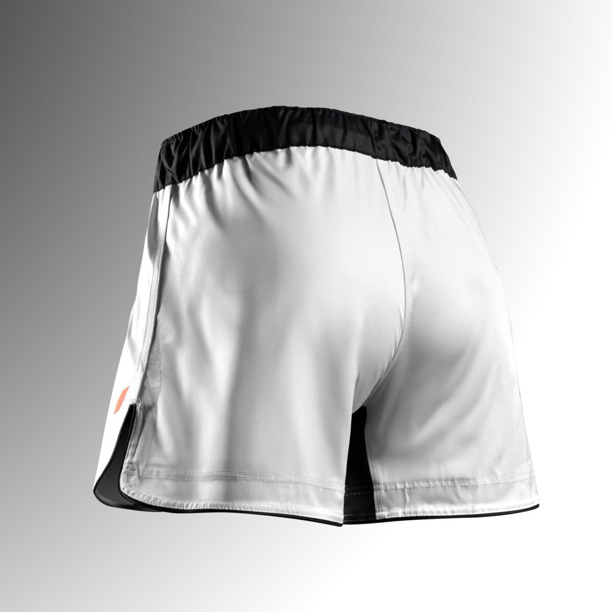 Bakifrån av de vita Hayabusa Apex Mid-Thigh MMA-shortsen, som visar det säkra midjebandet och det rivtåliga tyget