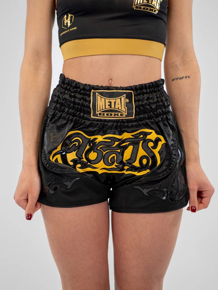Vue de face principale Short Muay Thai Femme Metal Boxing Lumpinee Noir
