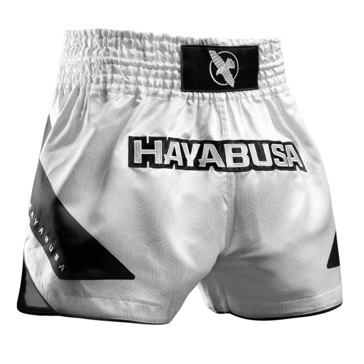 Short de Muay Thai Hayabusa Core blanc vu de face en tissu satiné