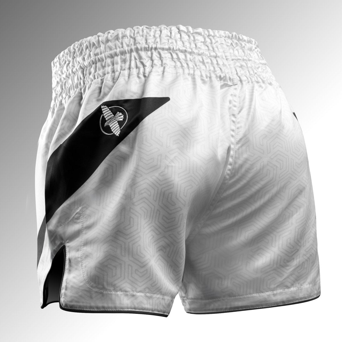 Dos du short Hayabusa Core Muay Thai blanc avec ceinture élastique