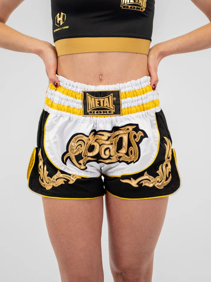 Vooraanzicht Gedragen Witte Lumpinee Metal Boxing Unisex Muay Thai Shorts