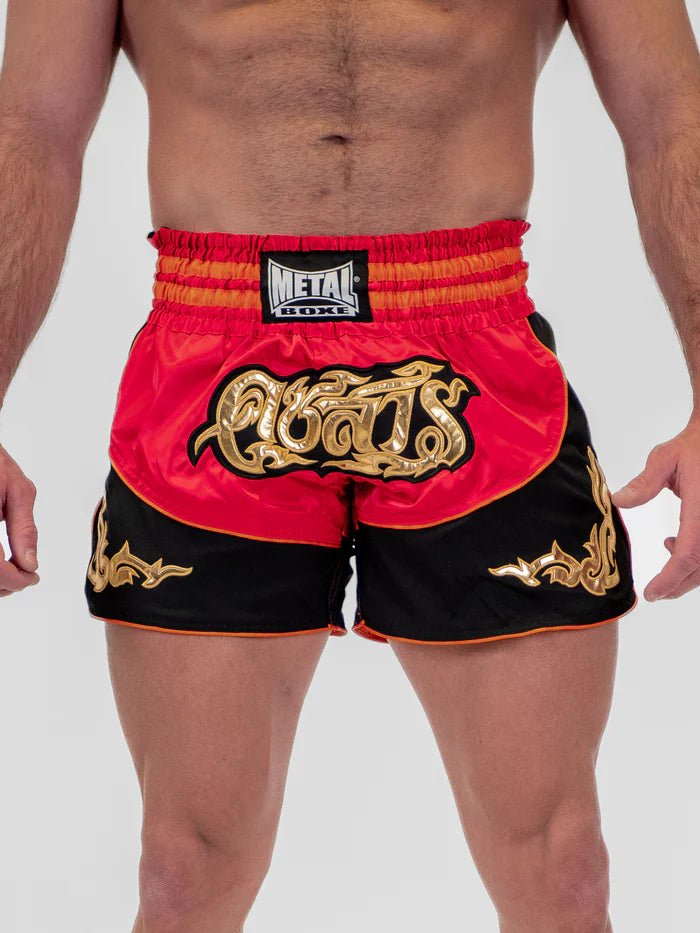 Vooraanzicht Muay Thai herenshort Metal Boxing Lumpinee rood