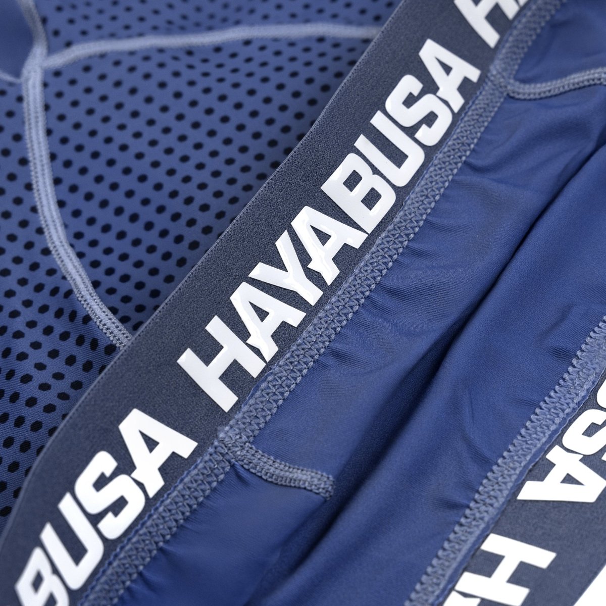 Close-up van Hayabusa-letters op de pijp van de blauwe worstelshort