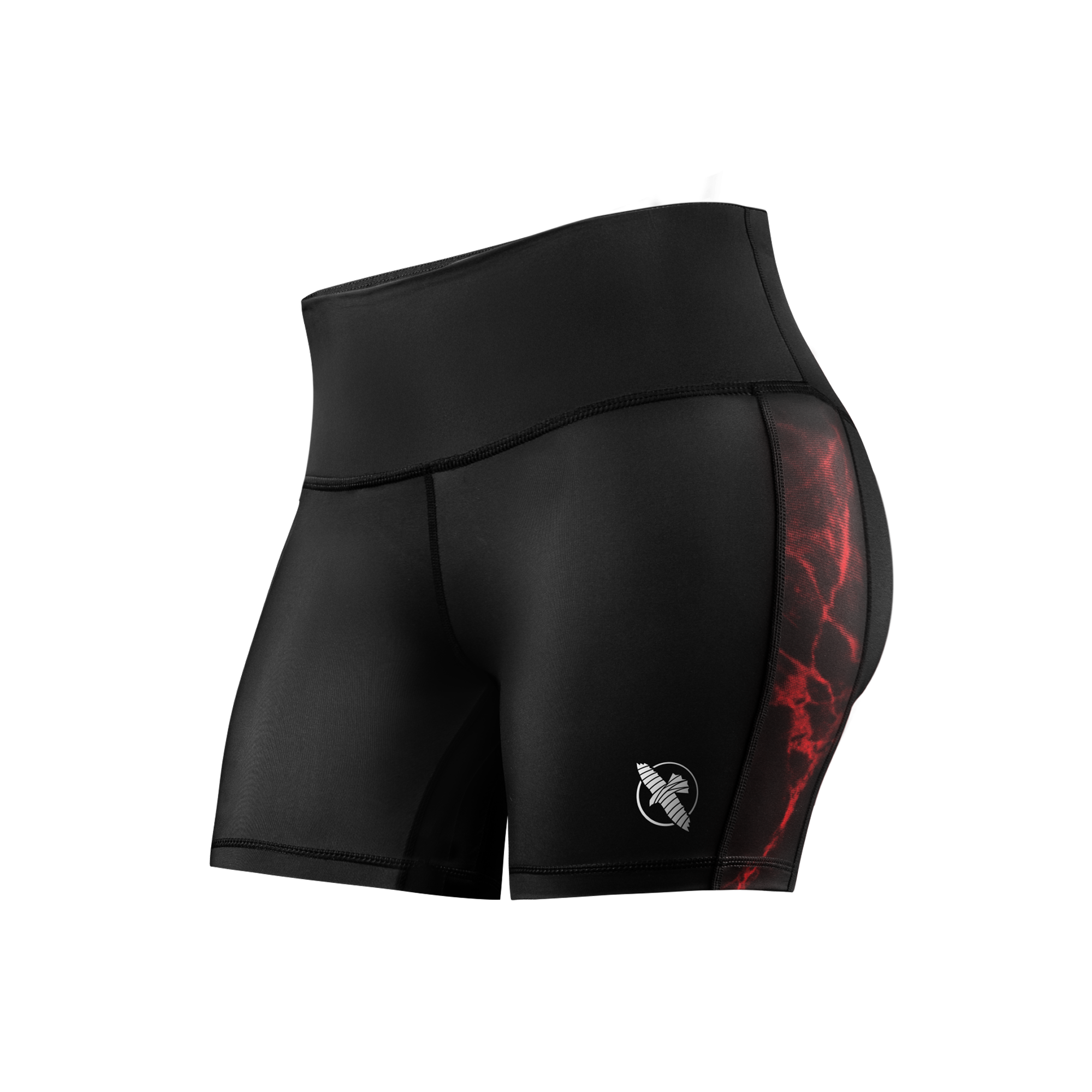 Vista frontale dei pantaloncini Vale Tudo UFC BJJ donna neri con dettagli rossi