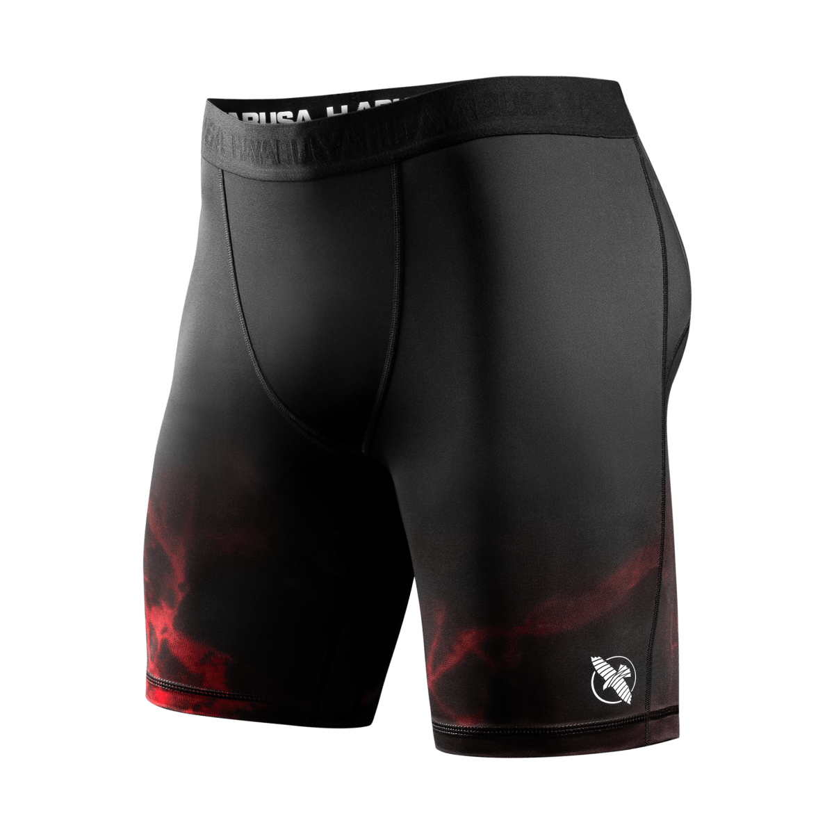 Vooraanzicht van de officiële Vale Tudo UFC BJJ-short in zwart met rode details, compressiepasvorm