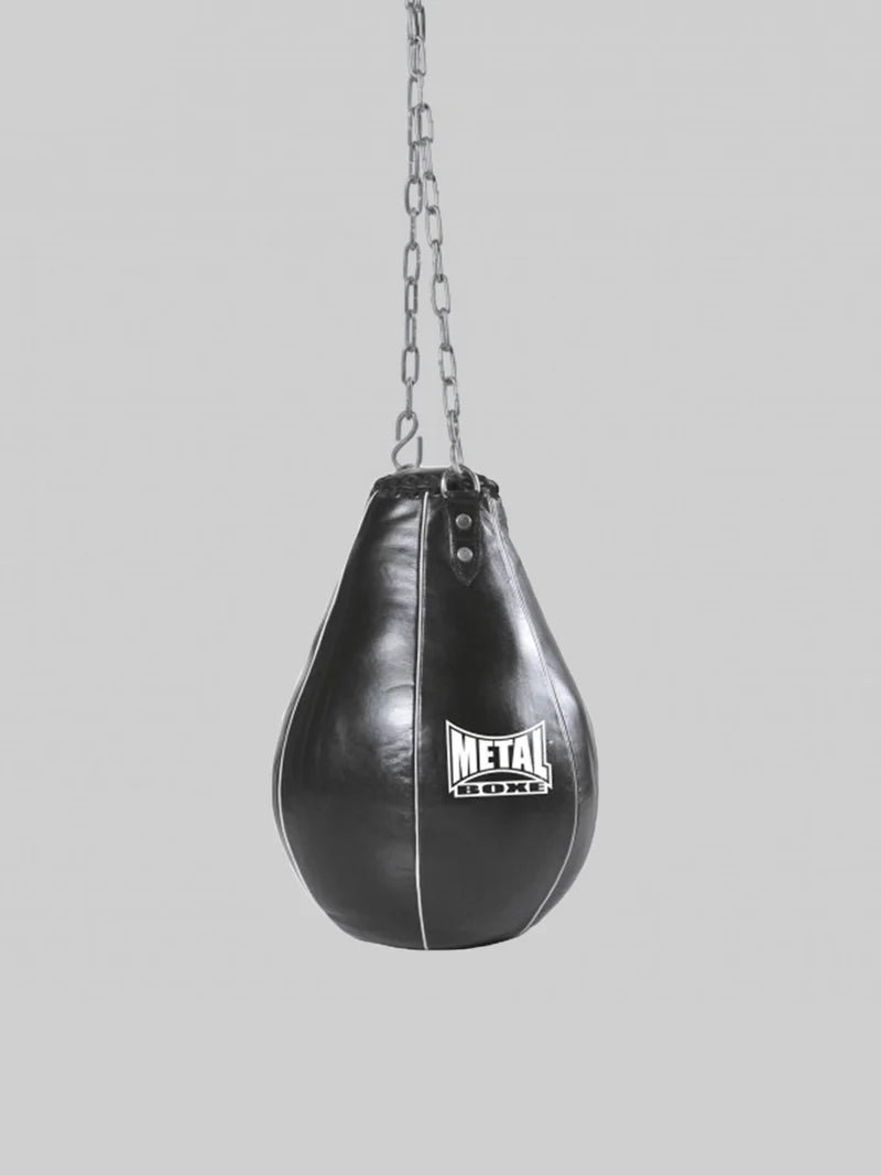 Vista frontal da pêra de boxe de couro preto Metal Boxing Corn Pear para treinamento de ganchos e uppercuts