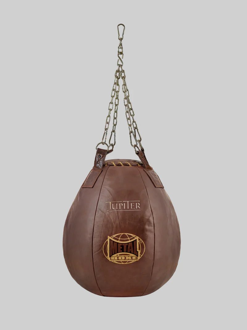 Grande pêra de boxe Júpiter de metal feita de couro de búfalo marrom de alta qualidade, ideal para ganchos e ganchos