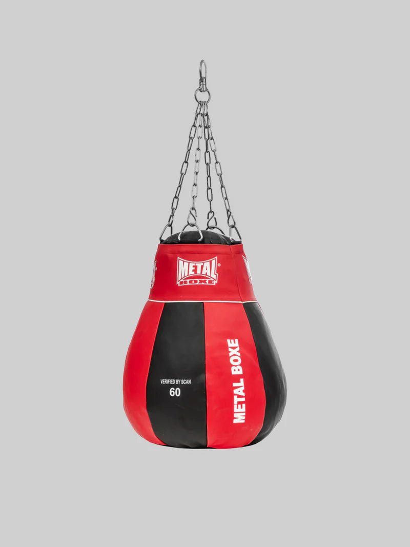 Vista frontal da pera de gancho Metal Boxing Club Line em vermelho e preto, ideal para ganchos e ganchos
