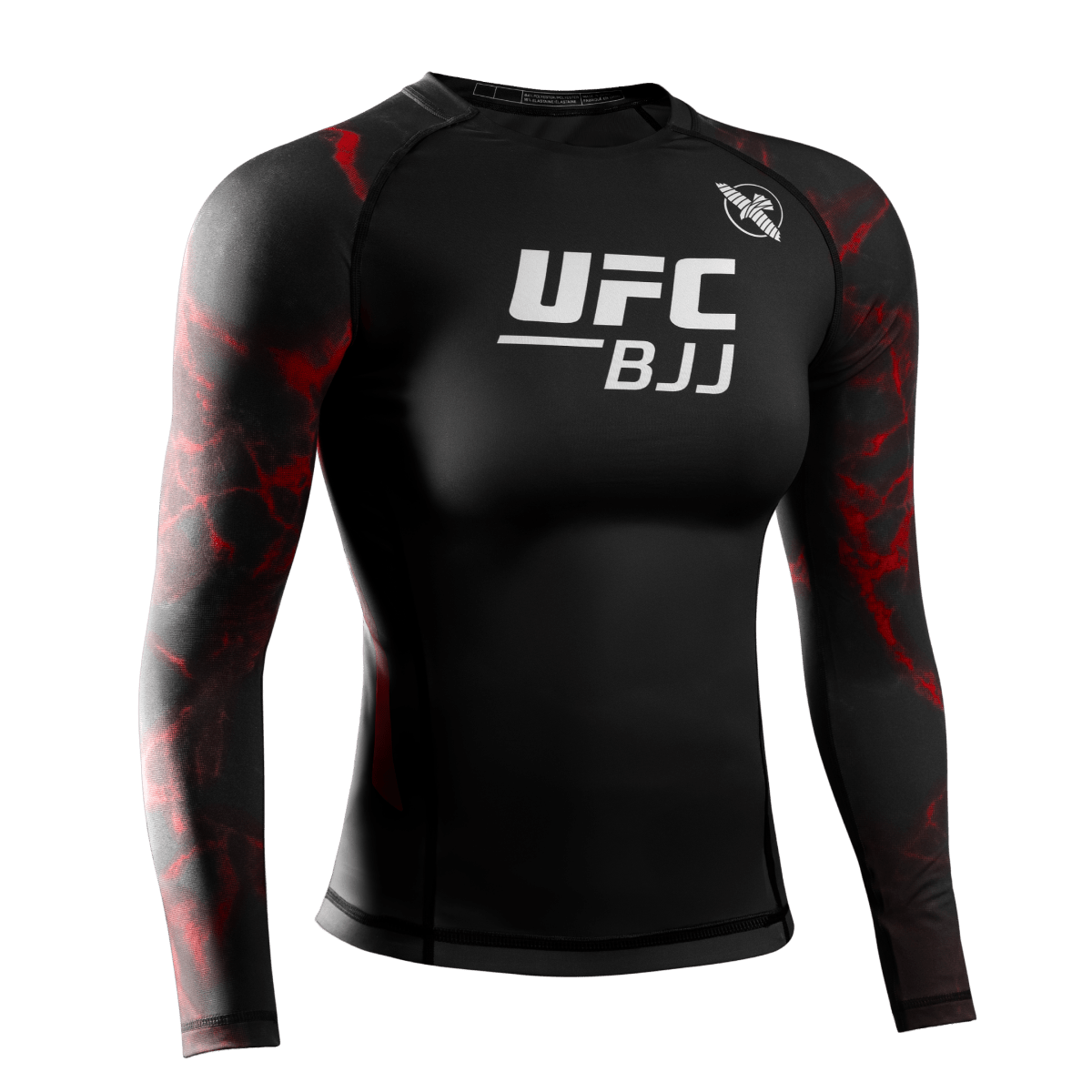 Widok z przodu damskiej kurtki przeciwdeszczowej z długim rękawem UFC BJJ w kolorze czarnym z czerwonymi detalami, z materiału kompresyjnego 200 GSM