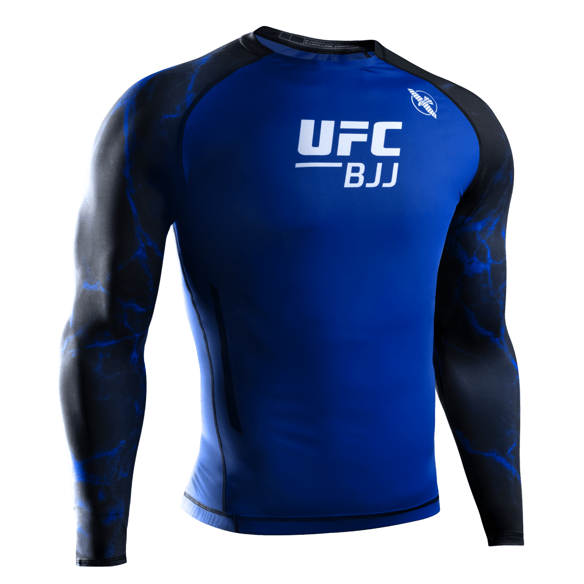 Vue de face du rashguard officiel à manches longues de l'UFC BJJ en noir et bleu