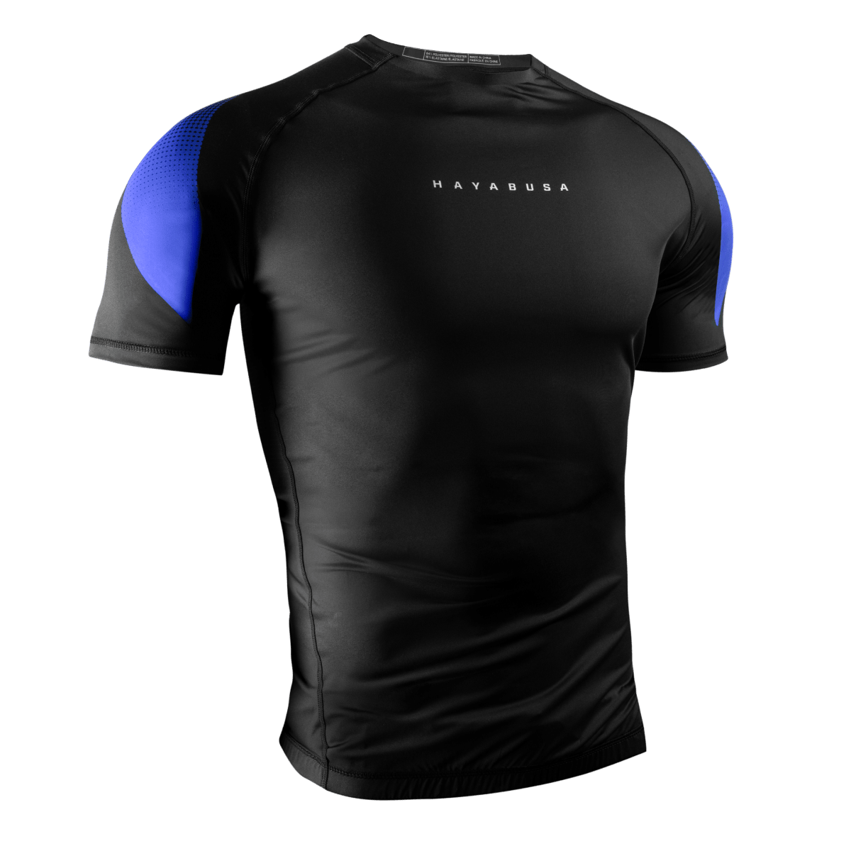 Tampak depan Rashguard Fit Kompresi Lengan Pendek Biru Peringkat Hayabusa Pro untuk Sabuk Biru