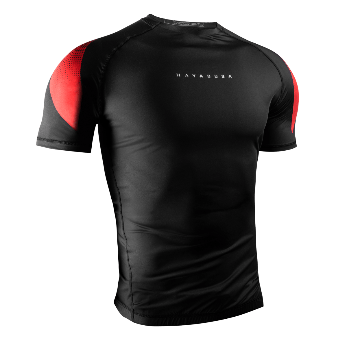 Tampak depan Rashguard lengan pendek Hayabusa Pro Peringkat hitam, cocok untuk sabuk hitam