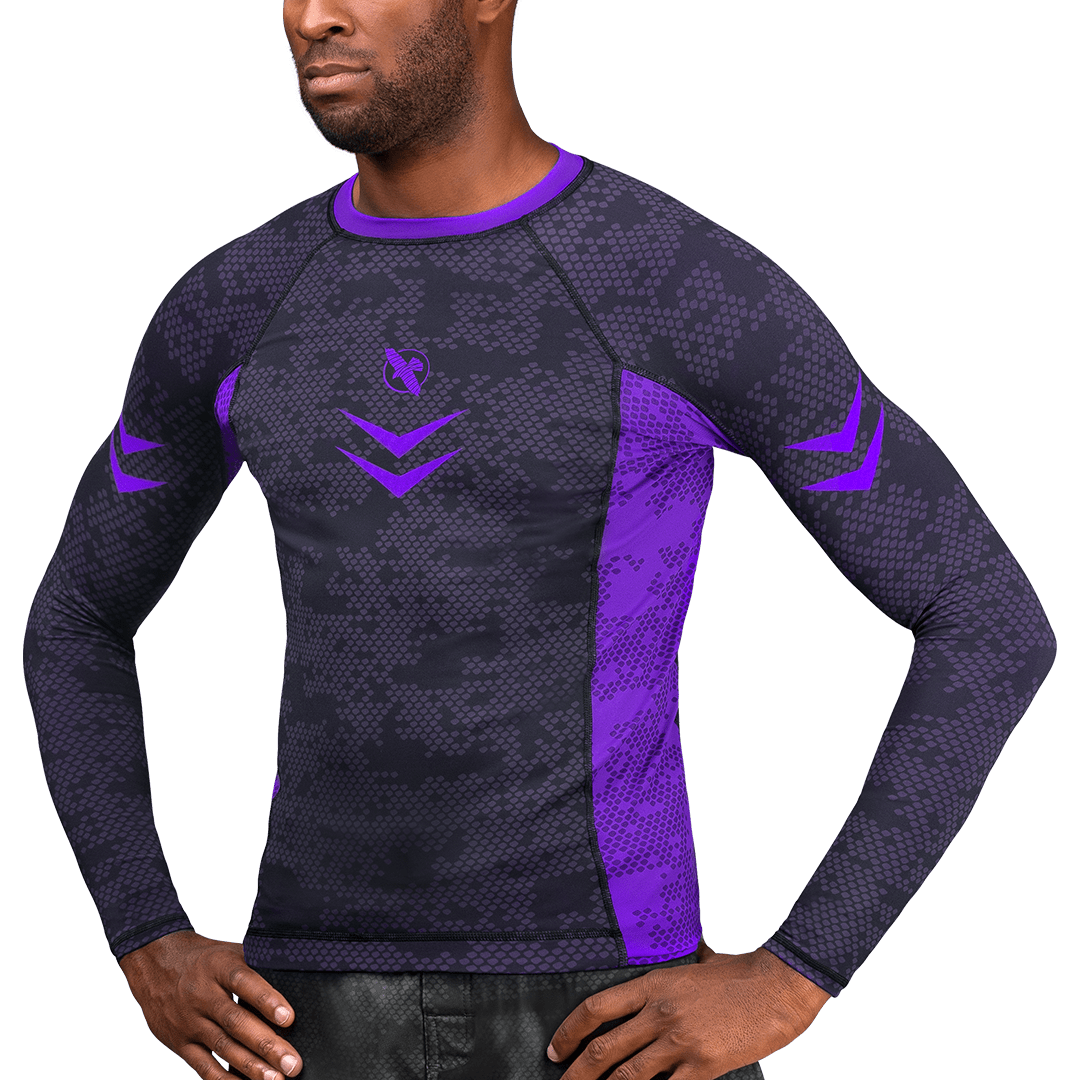 Vedere frontală a rashguard-ului Hayabusa Ranked violet, potrivire de elită prin compresie