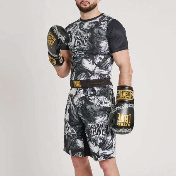 Complete LEONE x IUTER vechtoutfit met rashguard, korte broek en bokshandschoenen