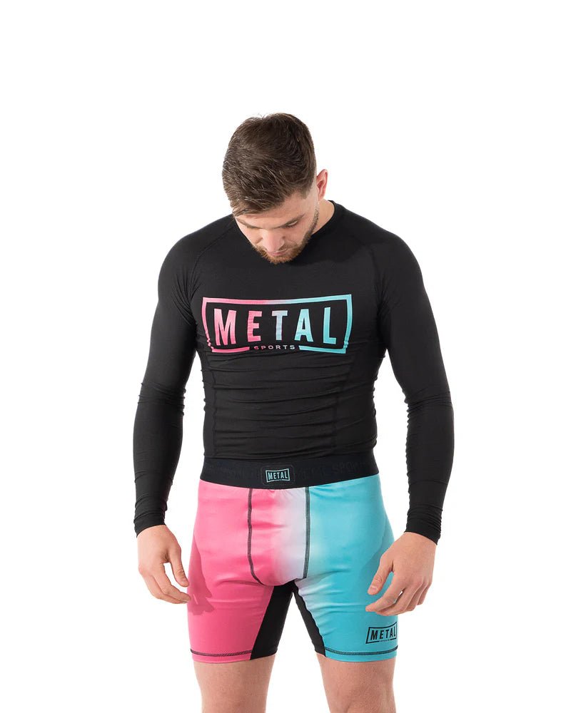Vista frontal principal rashguard mangas compridas Metal Boxing Miami Vibe cores brilhantes