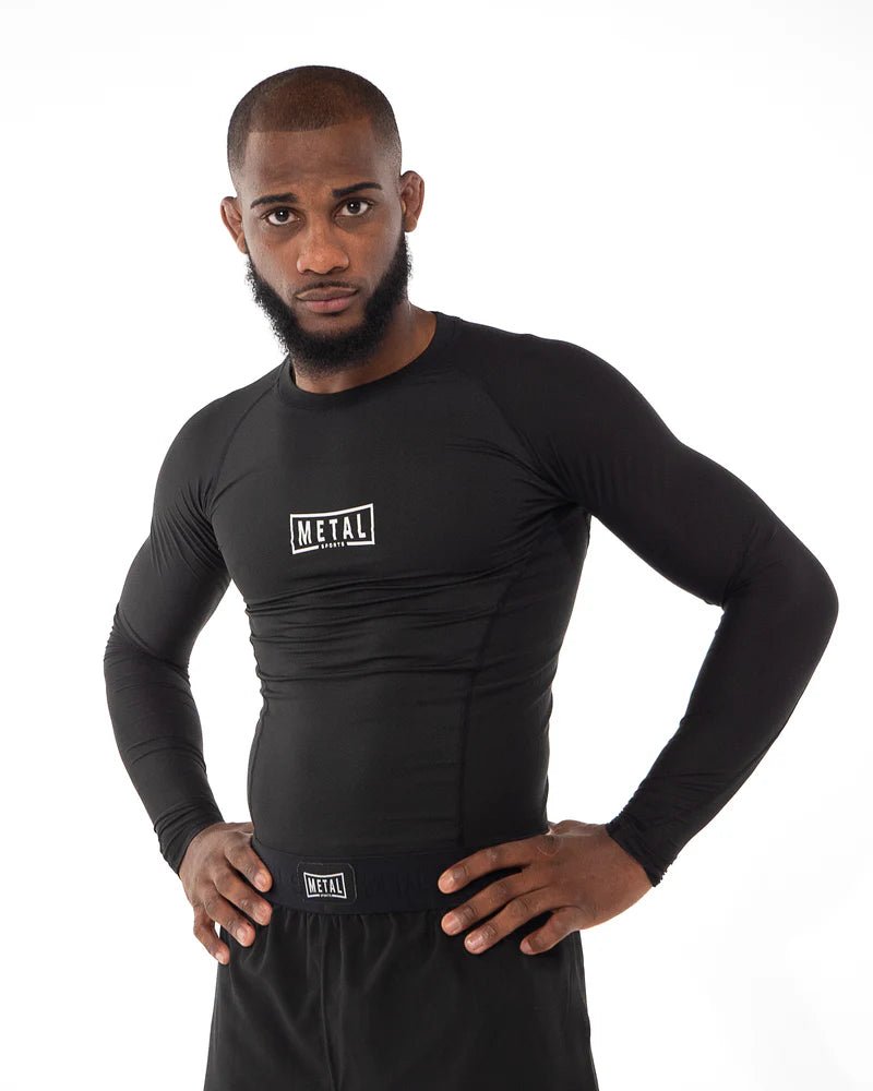 Hoofdvooraanzicht rashguard lange mouwen Metal Boxe zwarte technische stof 170 gr