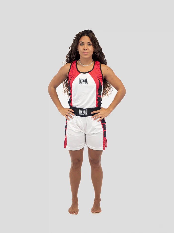 Volledig vooraanzicht wit Metal Boxe-boksuniform voor dames voor wedstrijden