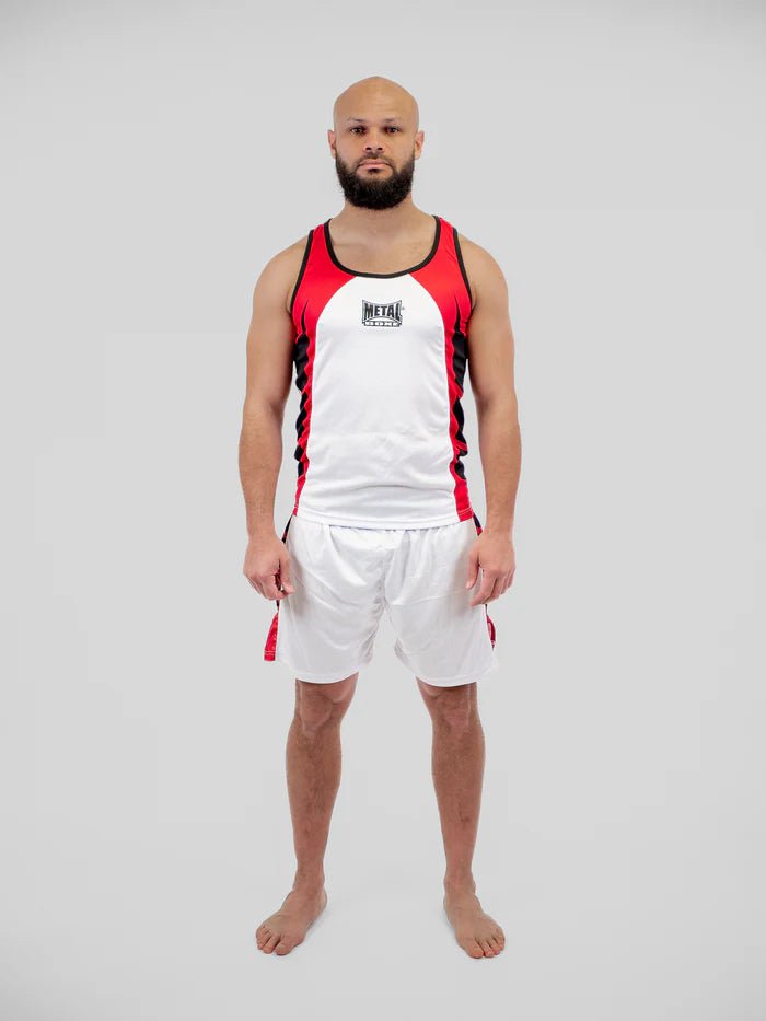 Biały strój bokserski Metal Boxe do zawodów, widok z przodu