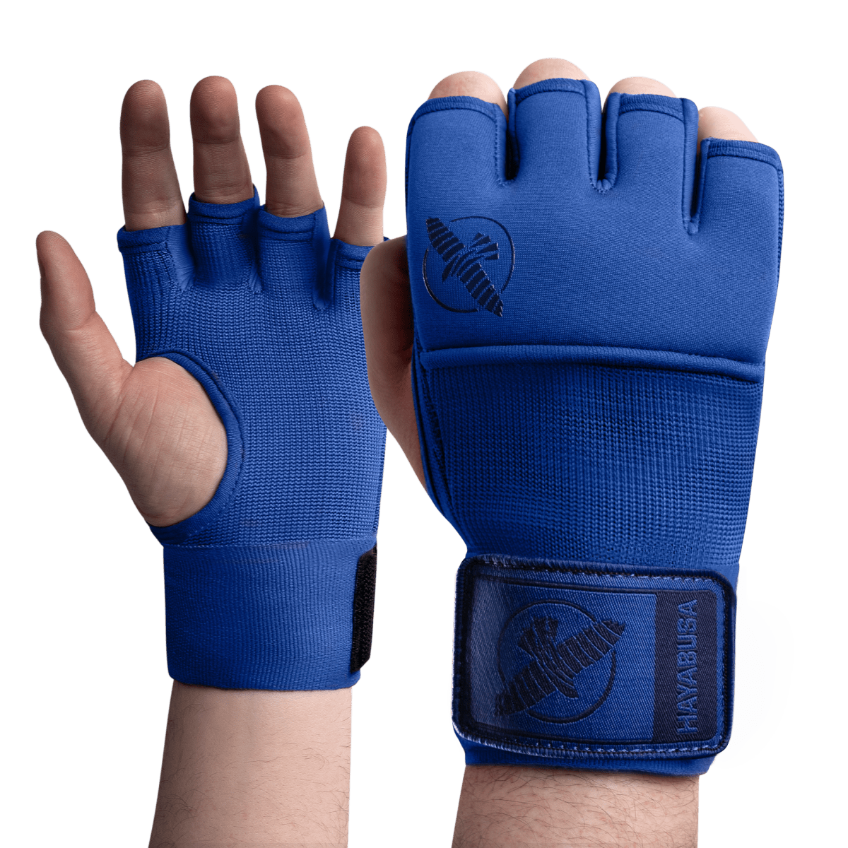 Vue de face des sous-gants de sports de combat Hayabusa Deluxe Quick Wraps bleus