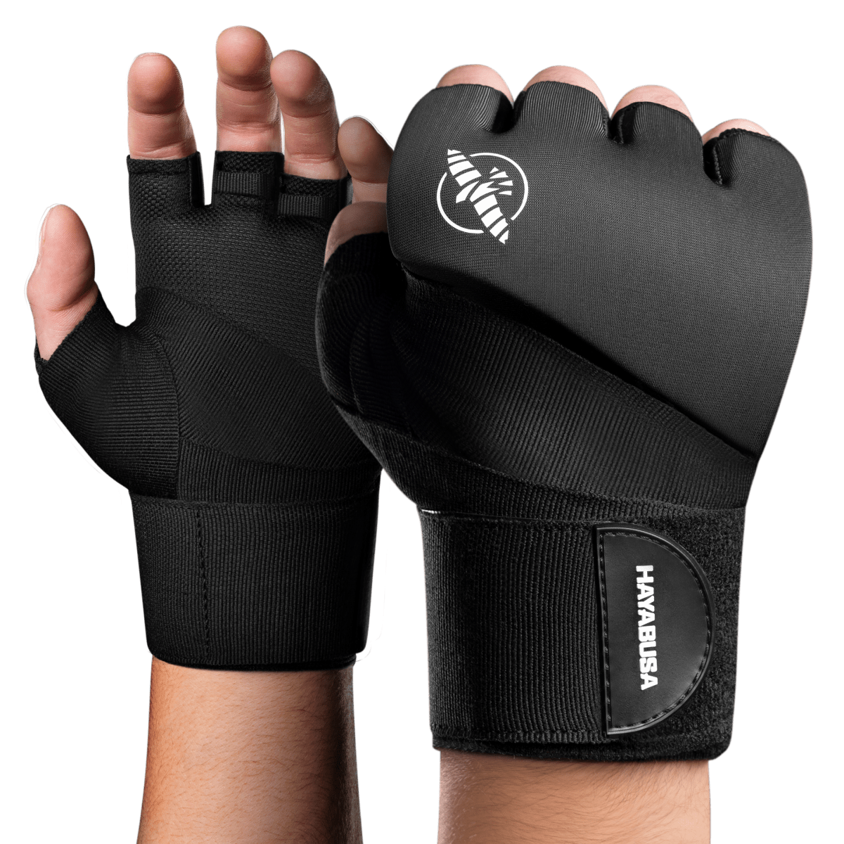 Paire de chaussons noirs Hayabusa Elite Quick Wraps avec rembourrage et bande intégrée