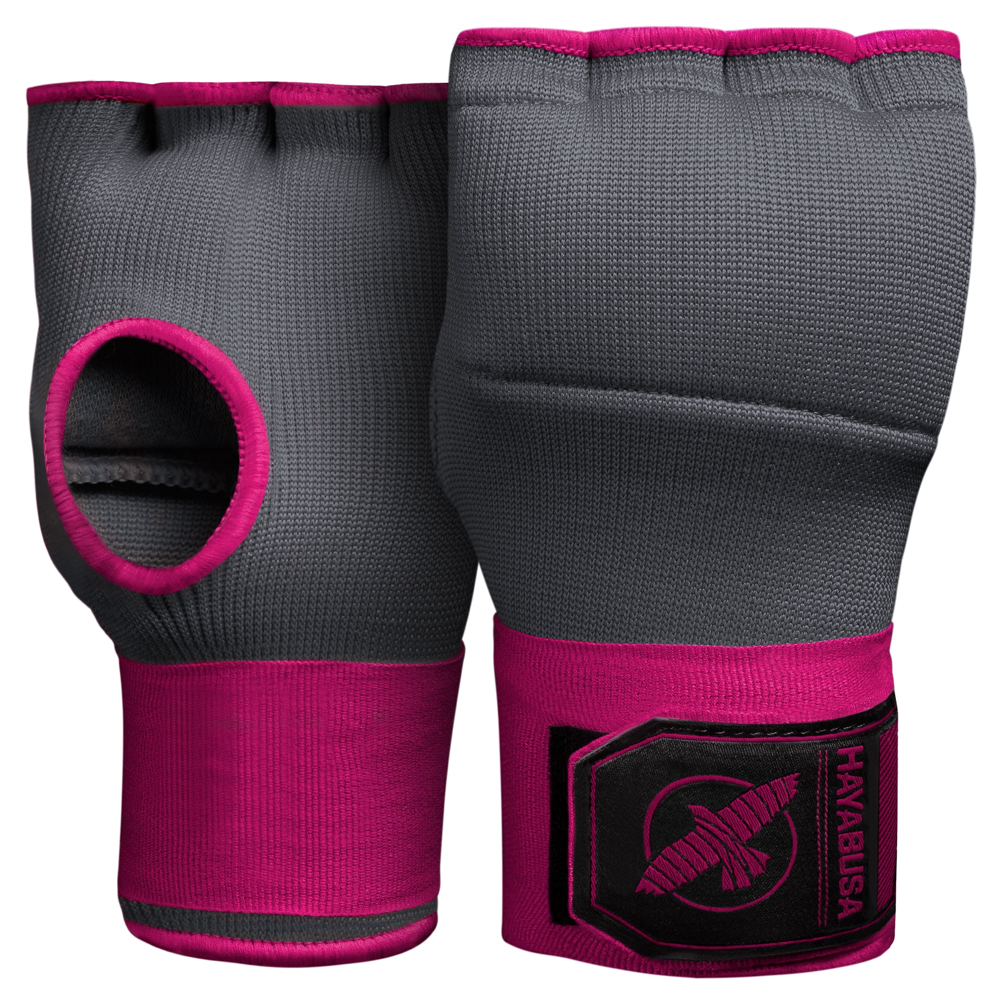 Coppia di sottoguanti in gel Hayabusa Quick Wraps rosa e grigi, vista frontale