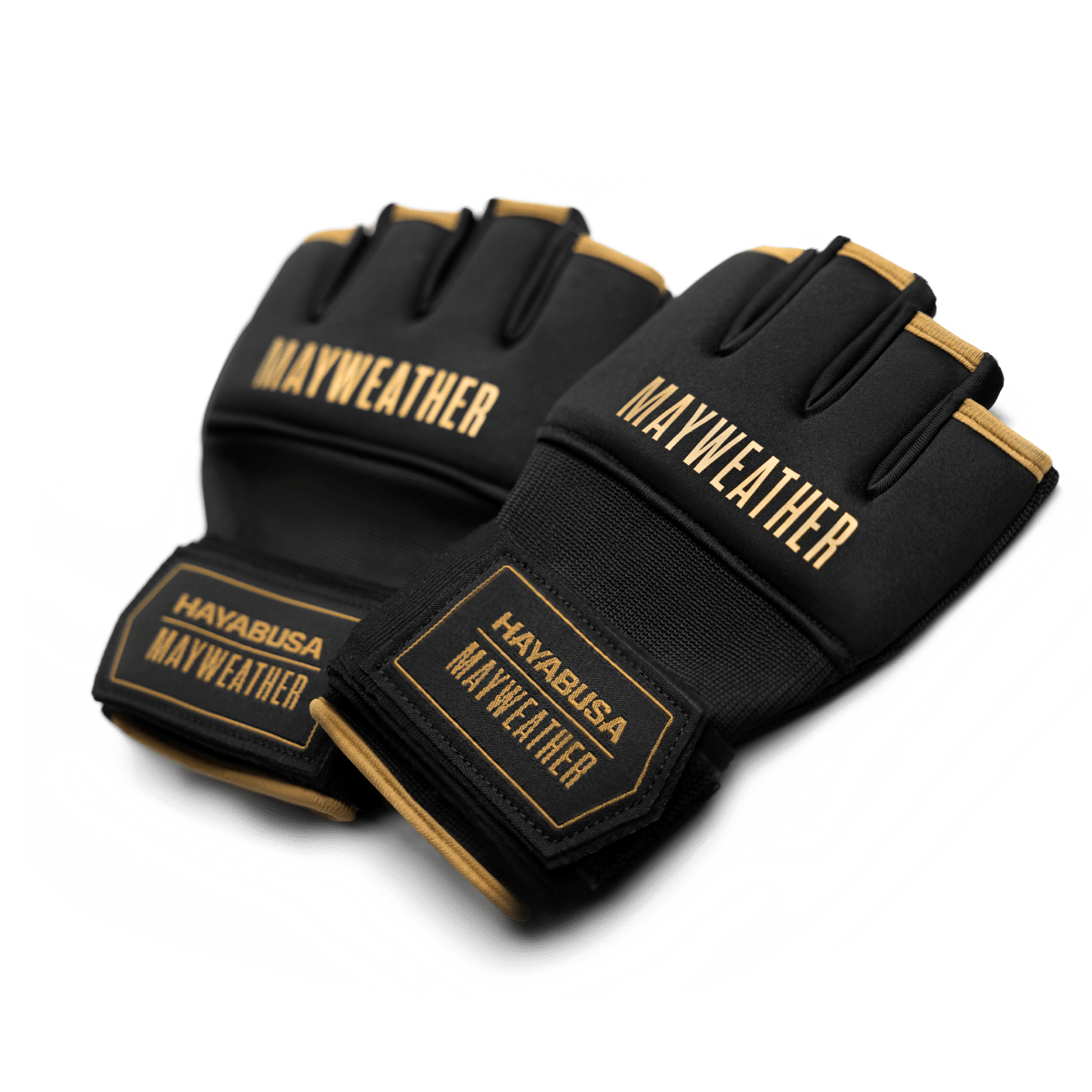 Paire de gants Mayweather Deluxe Quick Wraps avec doublure noire et dorée, vue de face complète