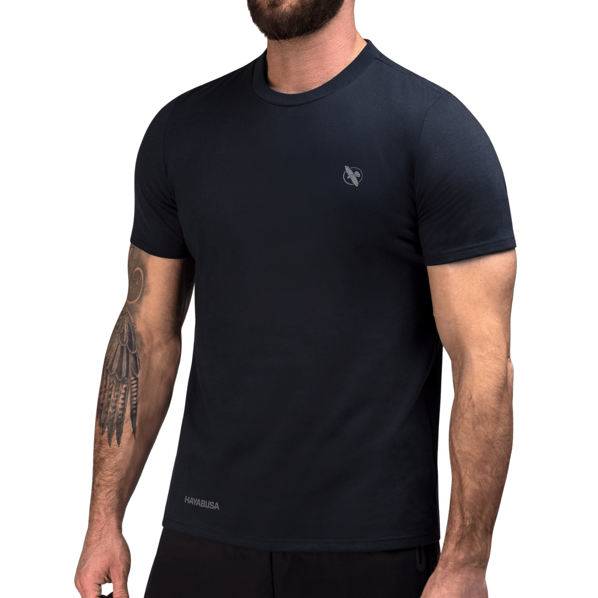 Vue de face du T-shirt Hayabusa Essential bleu nuit imprimé silicone mat