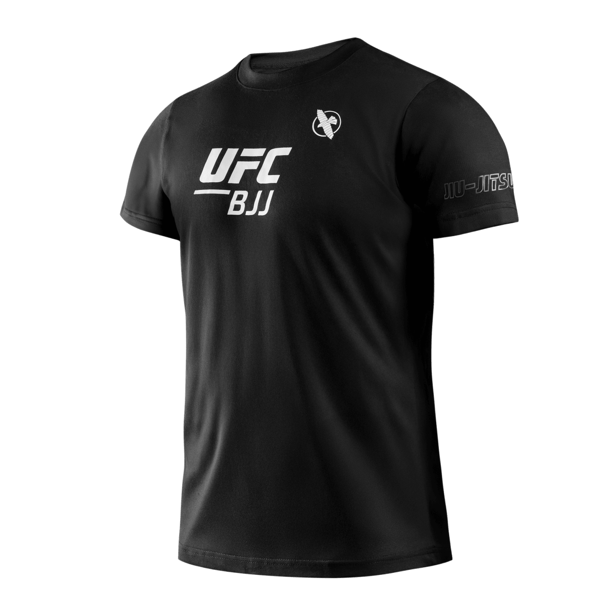 Vue de face du t-shirt unisexe noir Hayabusa UFC BJJ, avec le logo officiel « UFC BJJ » imprimé sur la poitrine