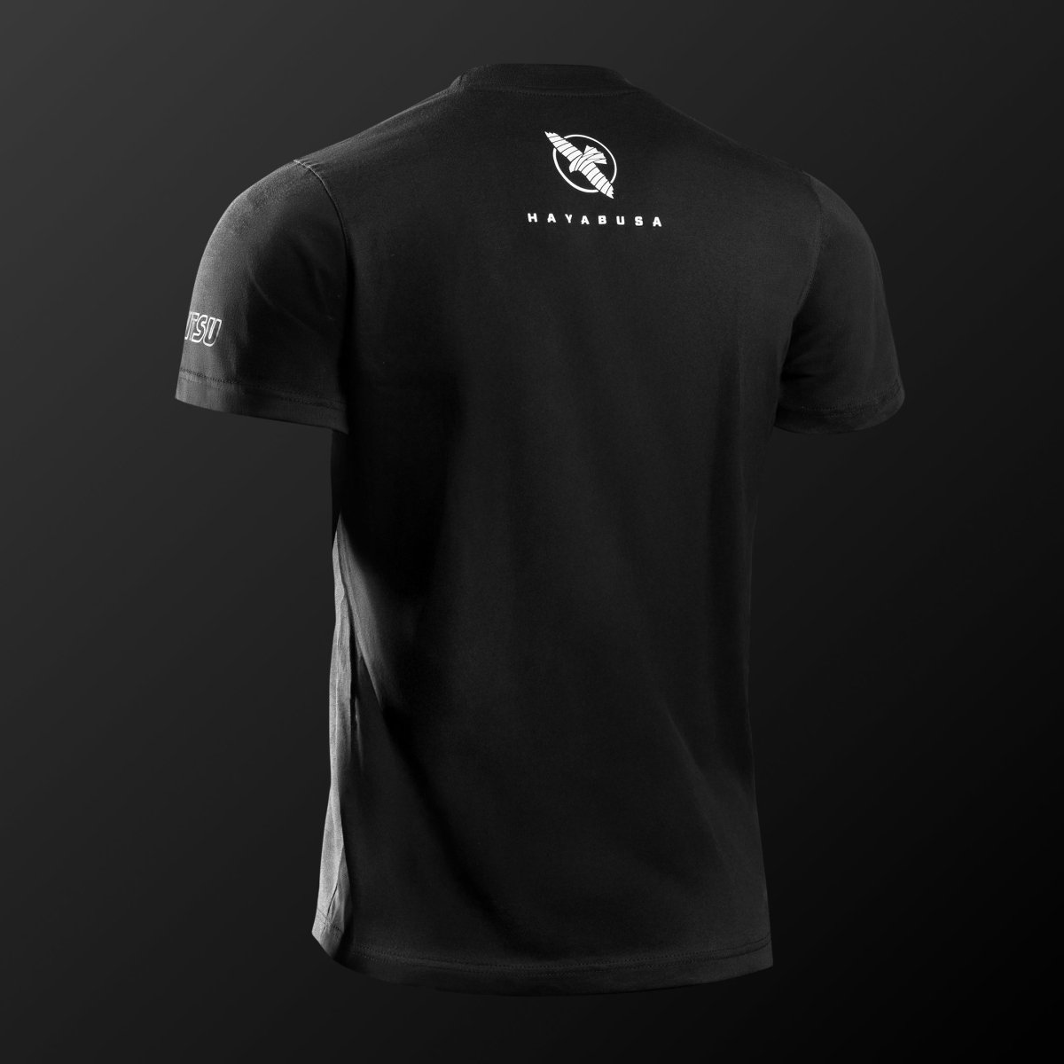 Vue arrière du t-shirt noir Hayabusa UFC BJJ, design minimaliste et coupe athlétique pour l'entraînement