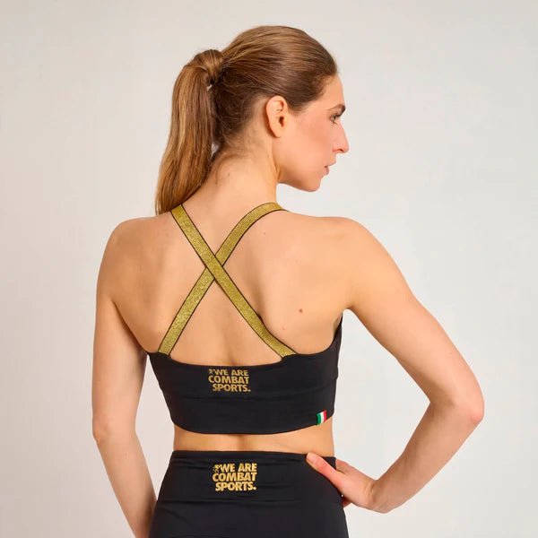 Vedere din spate a sutienului tehnic Leone DNA negru care arată designul ergonomic