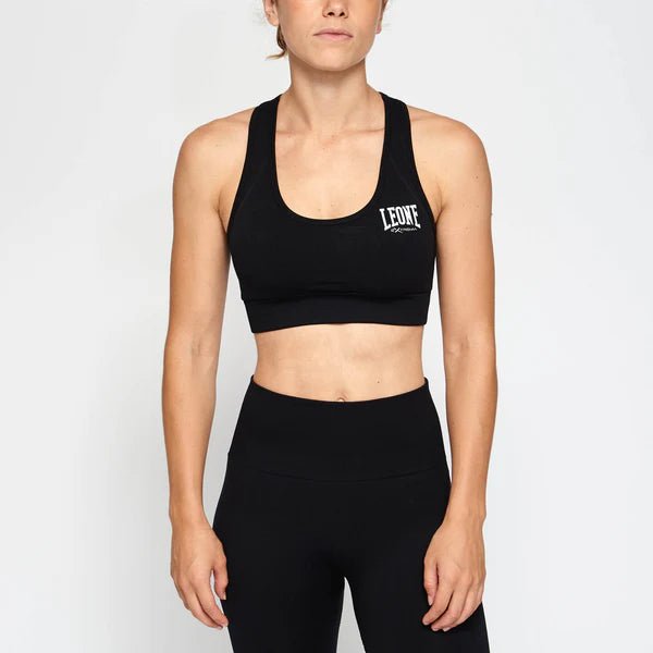 Vue de face du haut noir sans couture Leone Logo avec maintien moyen