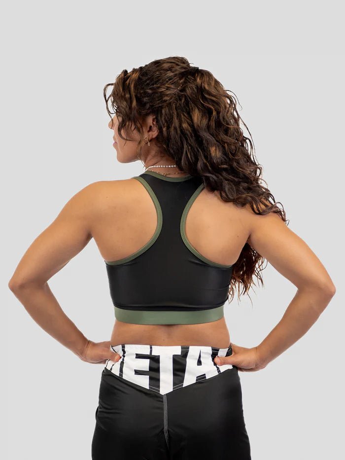 Brassière de sport vue arrière Metal Boxing noir kaki élasticité et confort