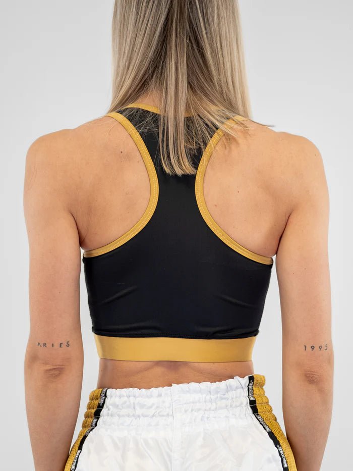 Vue arrière Soutien-gorge de sport de boxe en métal, or noir, détail ergonomique en forme de croix