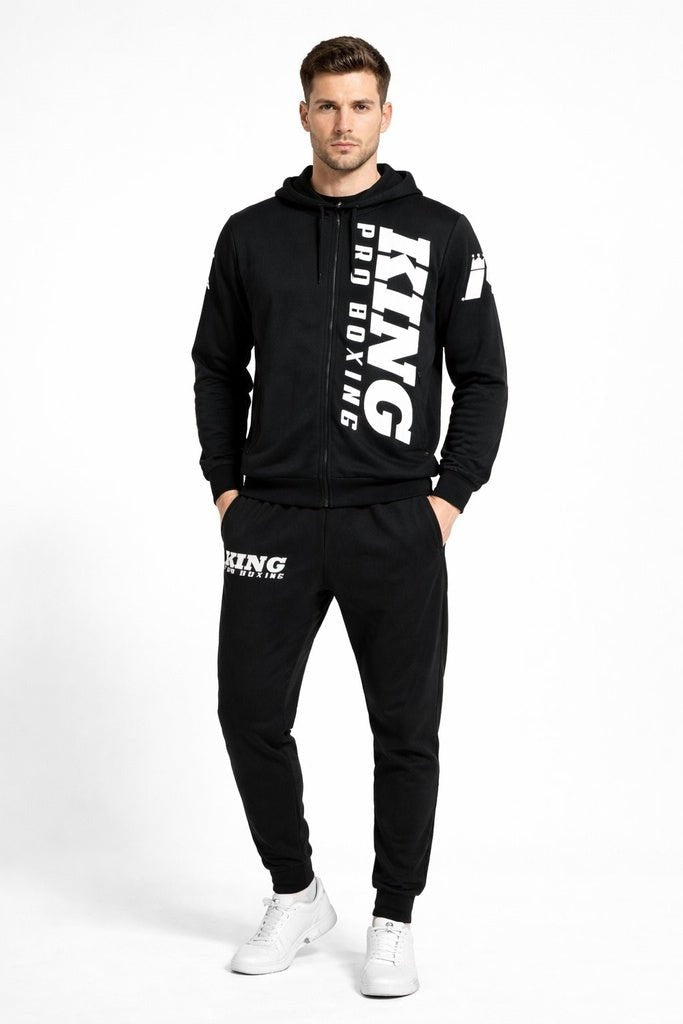 King Pro Boxing REVO schwarzer Komplettanzug mit Kapuze und Frontlogo.