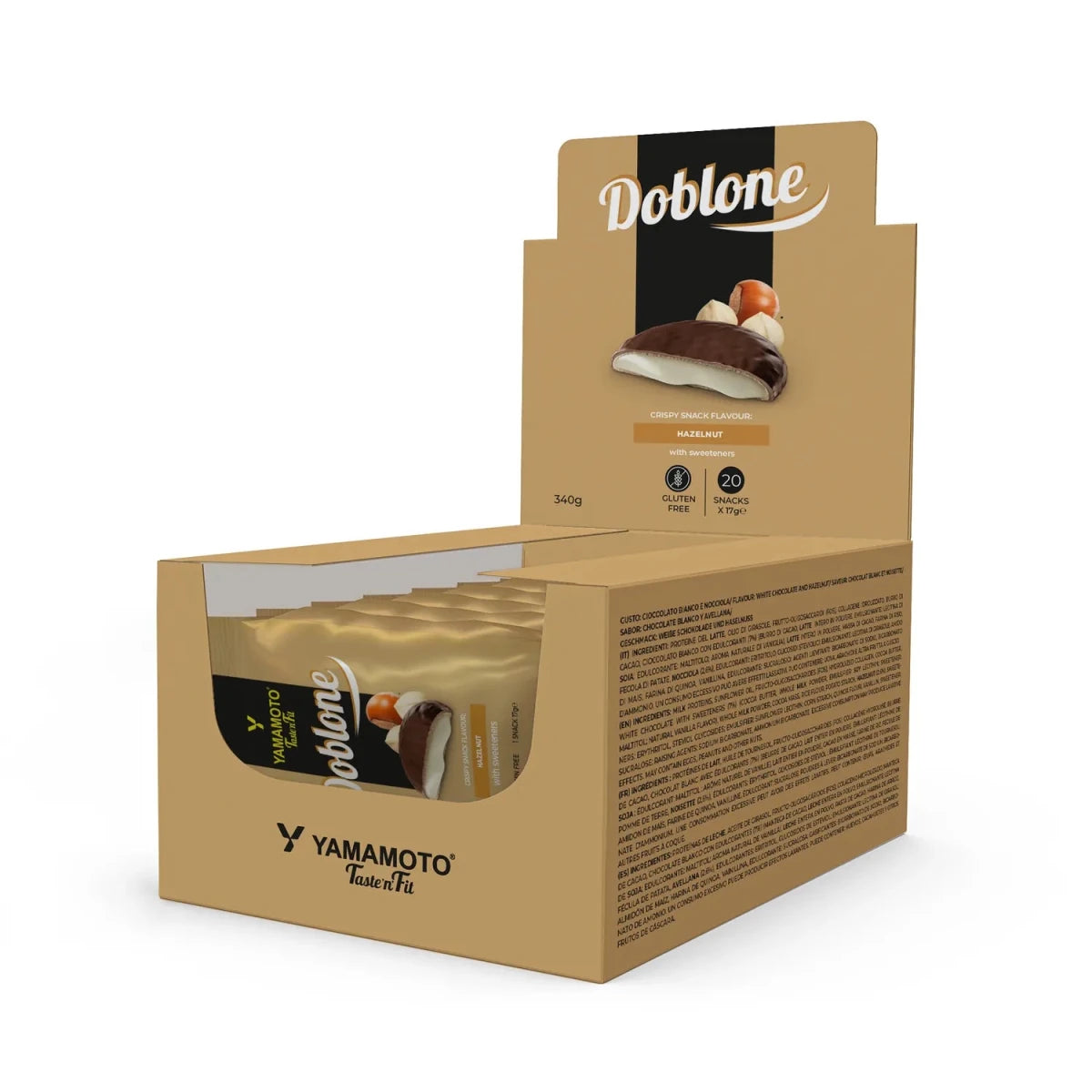 Boîte de 20 morceaux de biscuits Doblone low carb au goût noisette et chocolat blanc