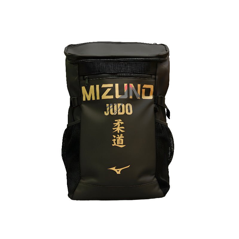 Sac à dos noir Mizuno Fuji Judo 30 litres avec détails dorés.