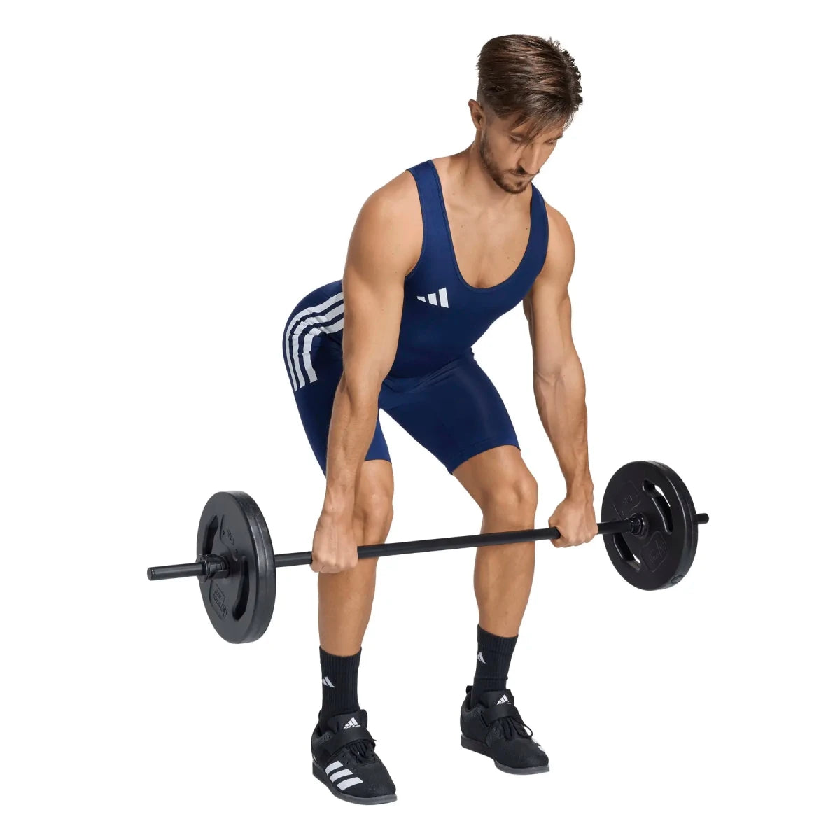 Dos de la combinaison d'haltérophilie adidas Powerlift au design ergonomique en bleu.