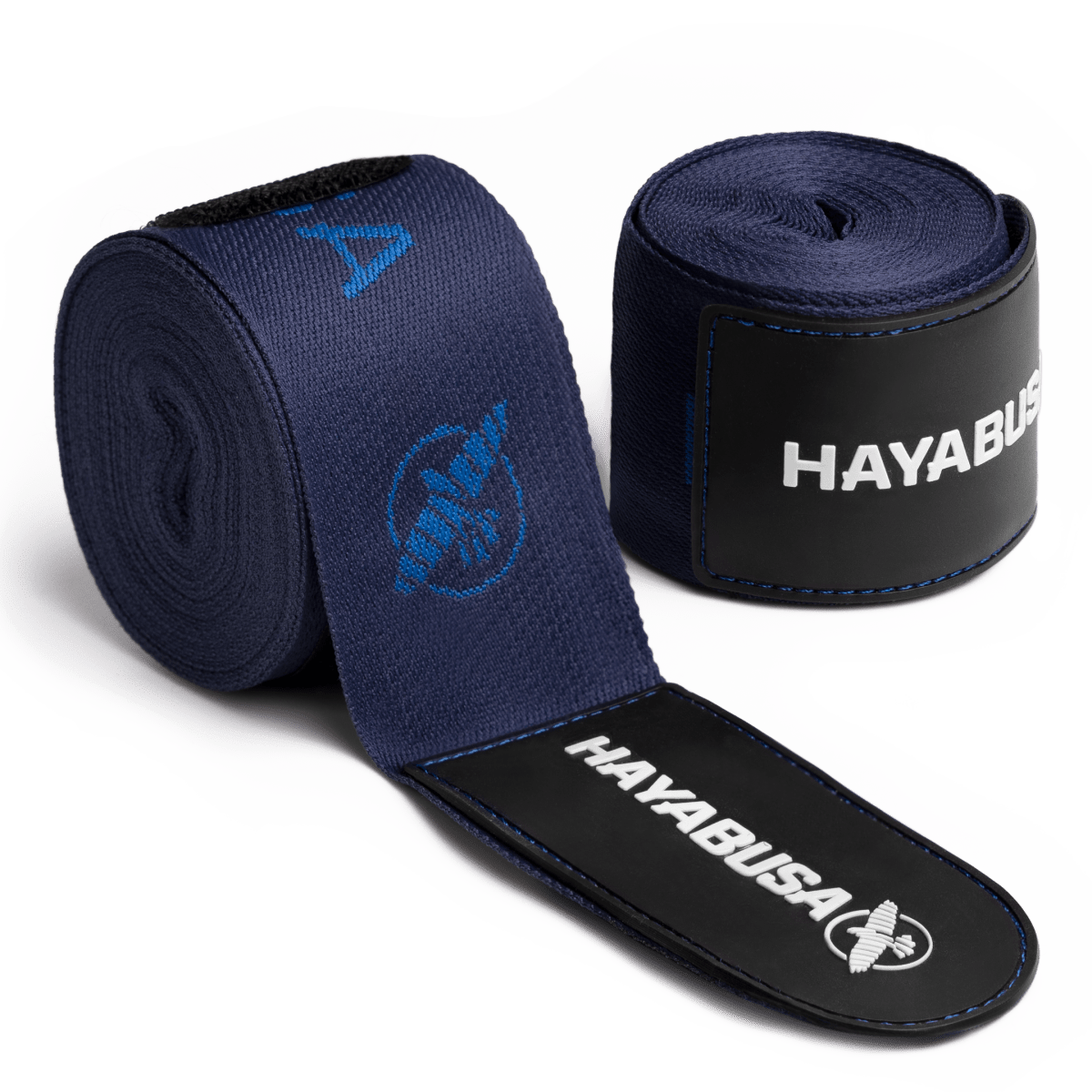 Ett par blå Hayabusa Deluxe boxningsbandage upprullade med markerad logotyp