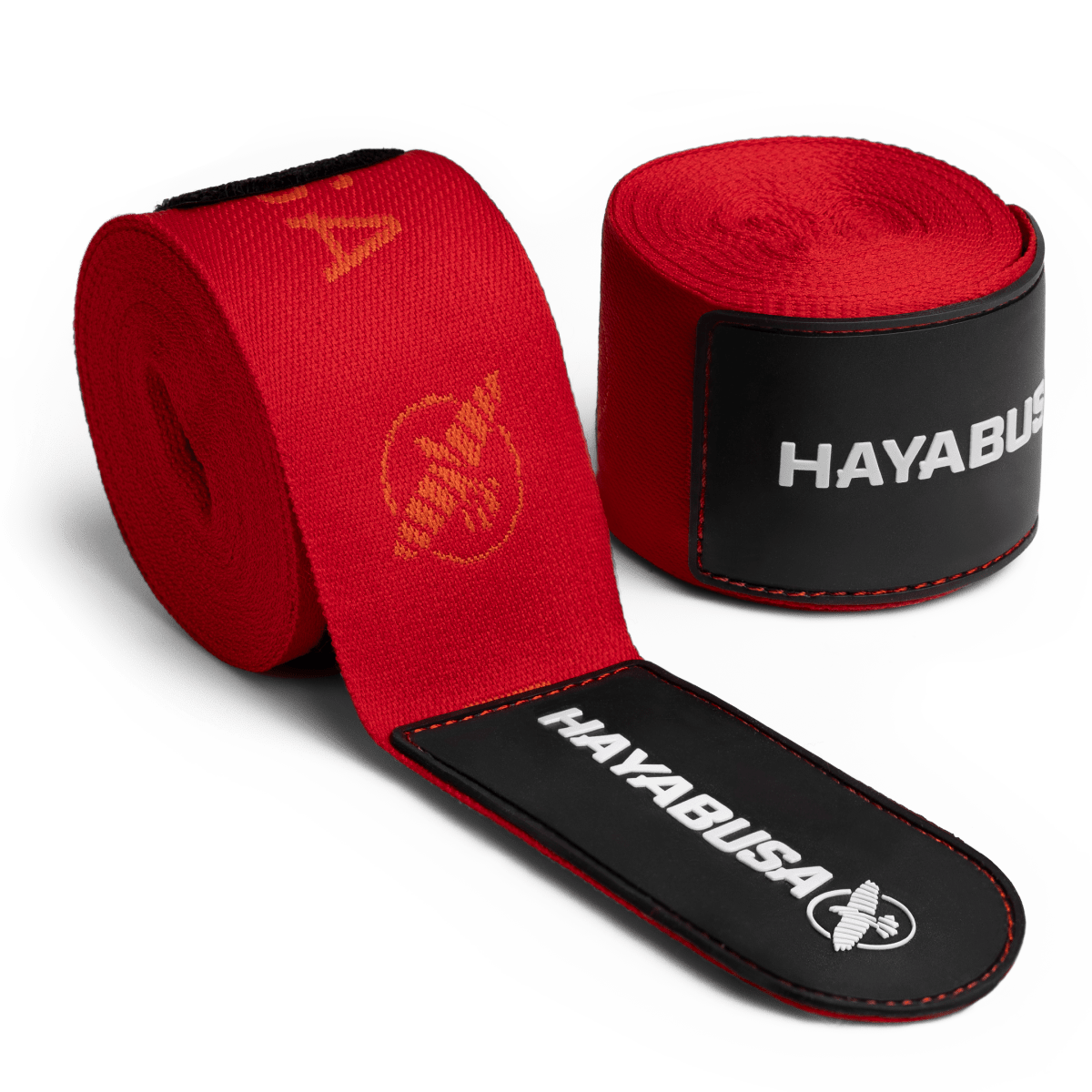 Ett par professionella röda Hayabusa Deluxe-bandage upprullade 4,5 meter