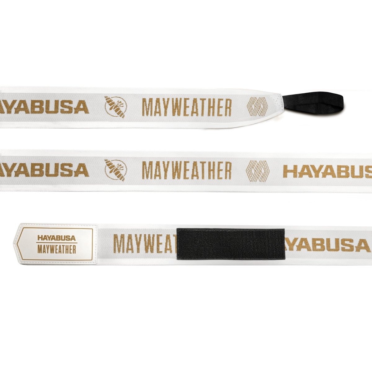 Mayweather Deluxe boxningsbandage i vitt och guld utrullade som visar det tekniska nylontyget