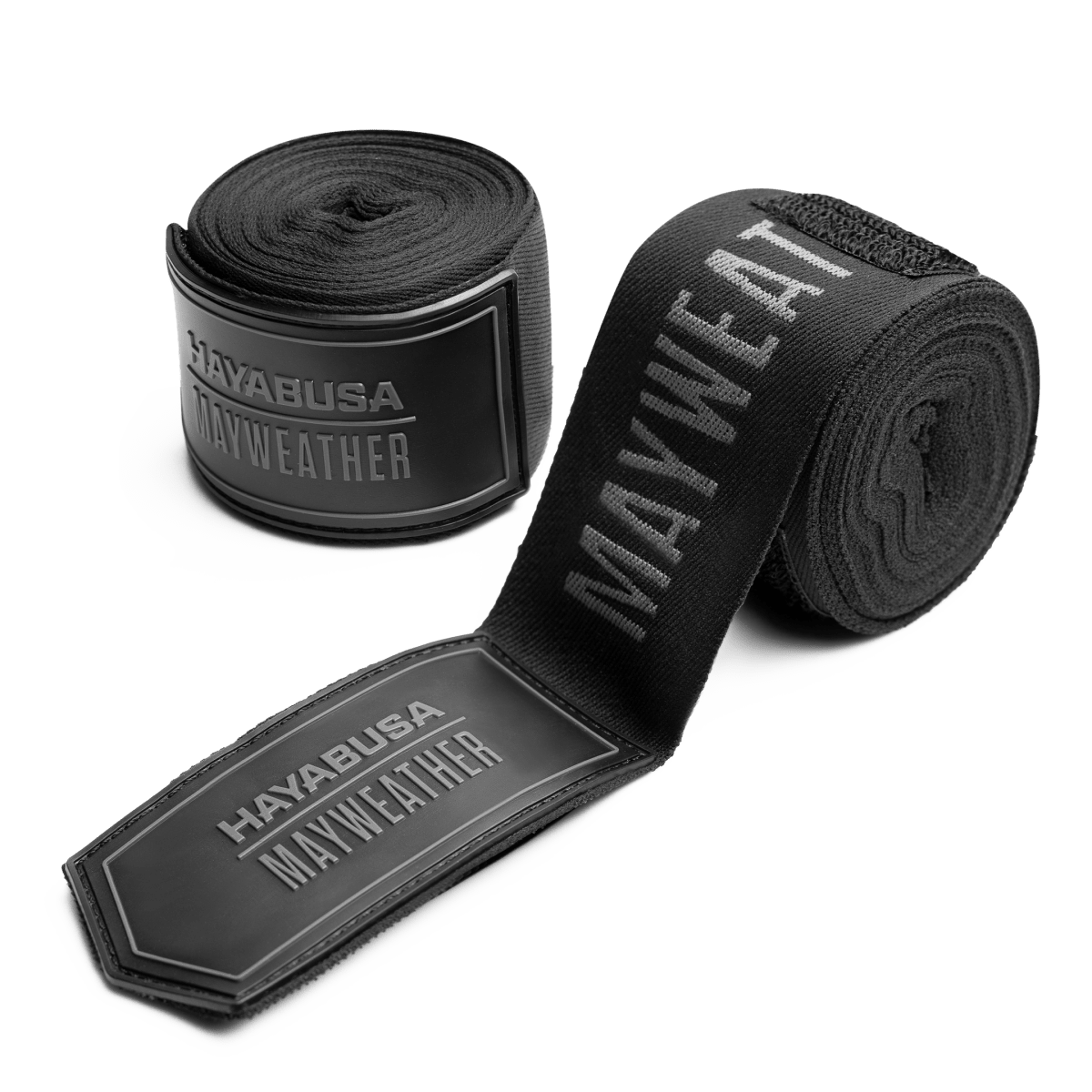 Ett par Mayweather 180 tum Deluxe svarta och gråa boxningsbandage rullade, huvudvy