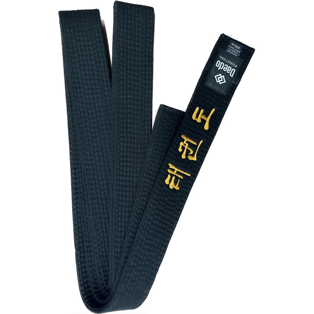 Ceinture noire Daedo 5 cm avec broderie Taekwondo enroulée pour montrer l'épaisseur et le tissu