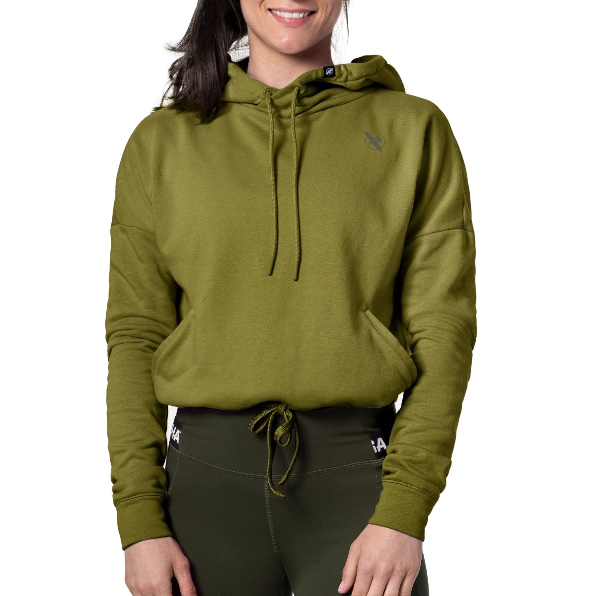 Vue de face du sweat court Hayabusa vert olive mélangé, idéal pour un style de vie actif